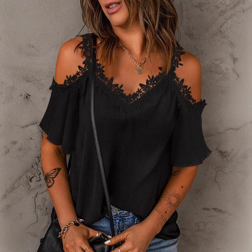 Ladies Top with Lace Detail Cold Shoulder Lune London