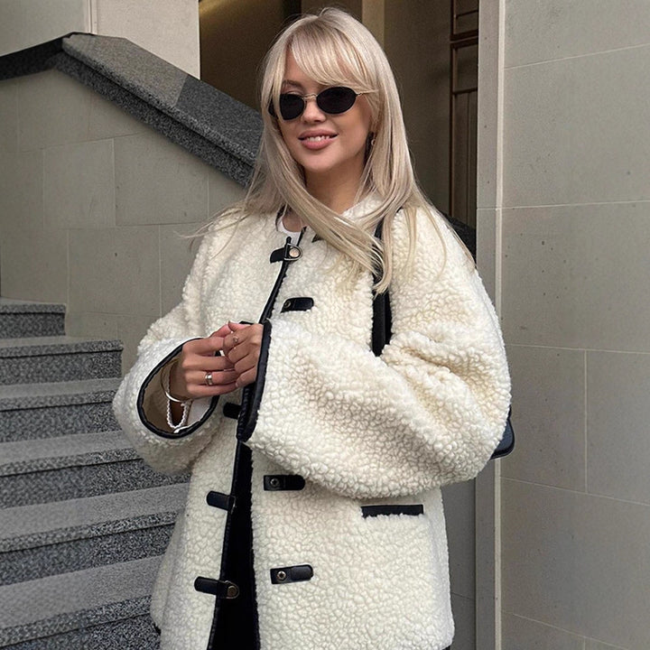 Faux fur jacket for women with a modern cut and practical button details Lune London