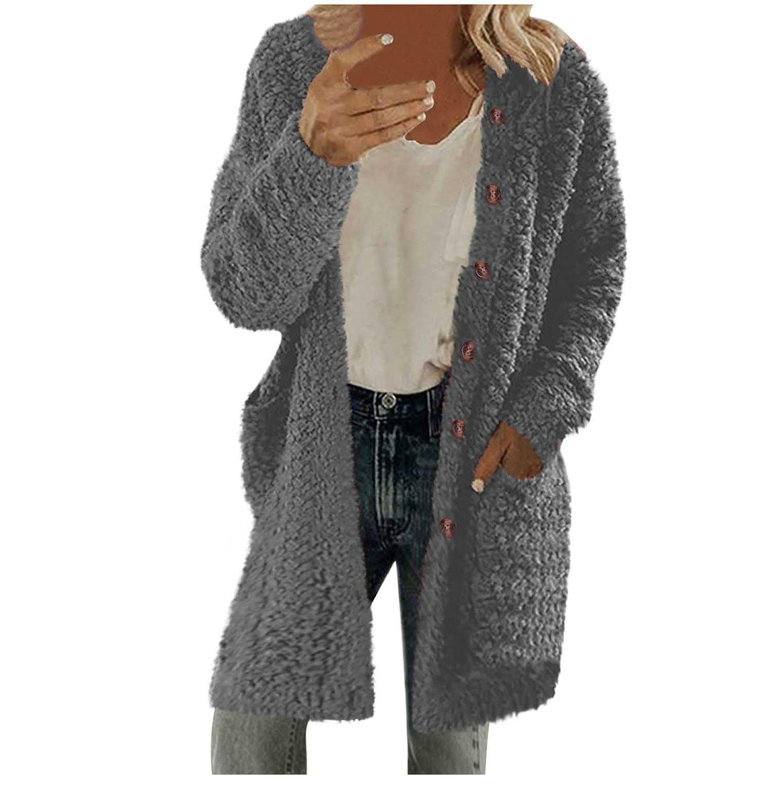 Ladies Long Plush Jacket with Button Detail Lune London