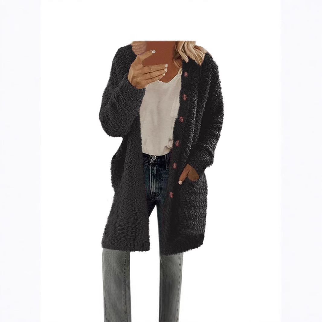 Ladies Long Plush Jacket with Button Detail Lune London