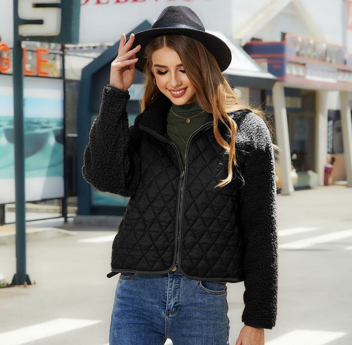 Women Quilted Cozy Jacket with Soft Collar and Contrasting Sleeves Lune London