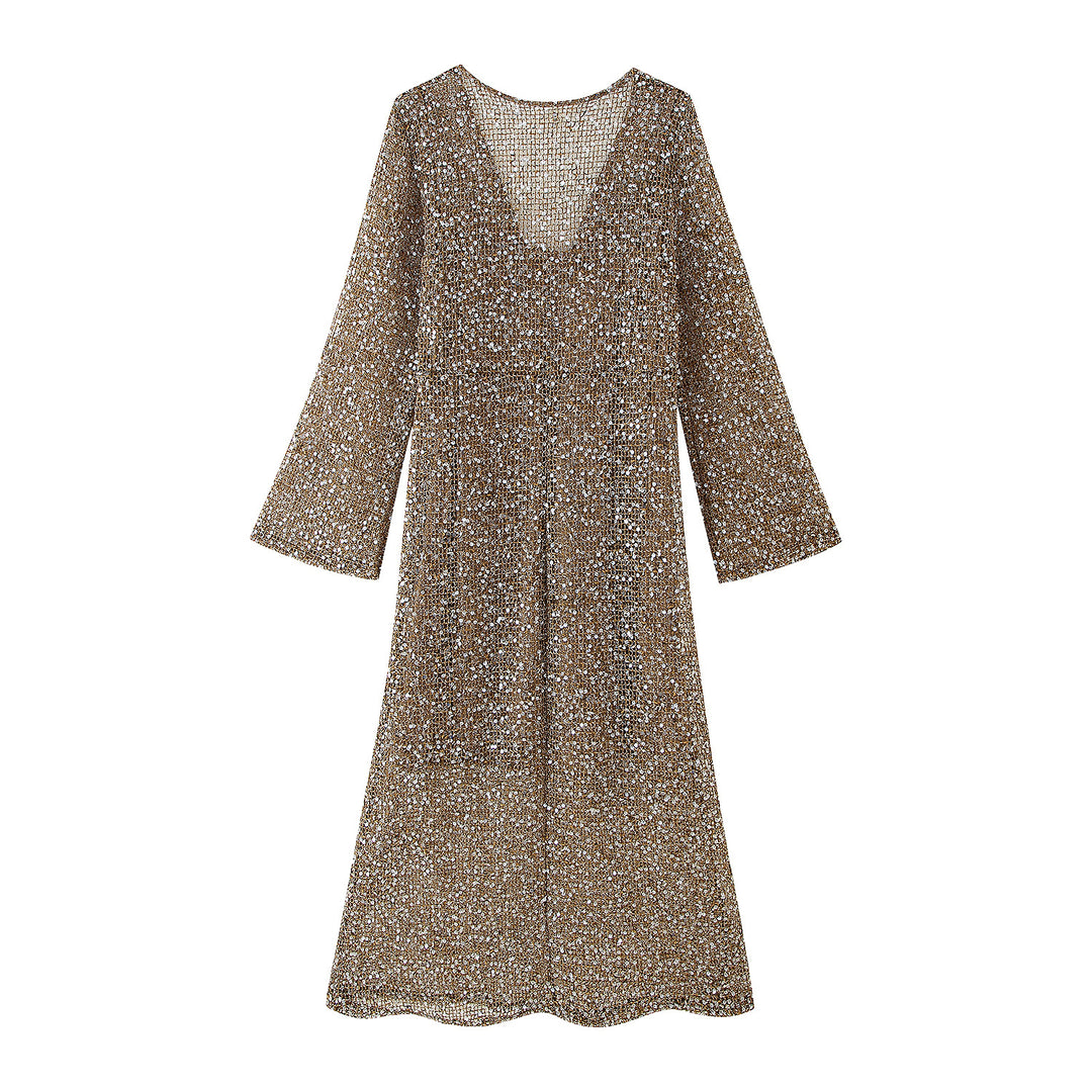 Knit dress for women with V-neck and elegant gathering Lune London