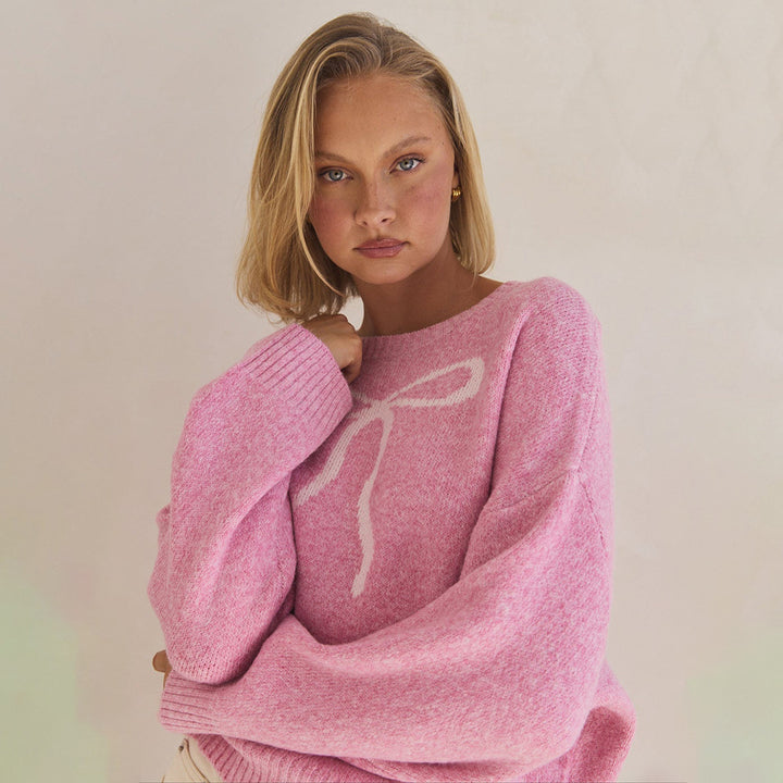 Lune London Plush Women's Sweater with Decorative Bow Pattern