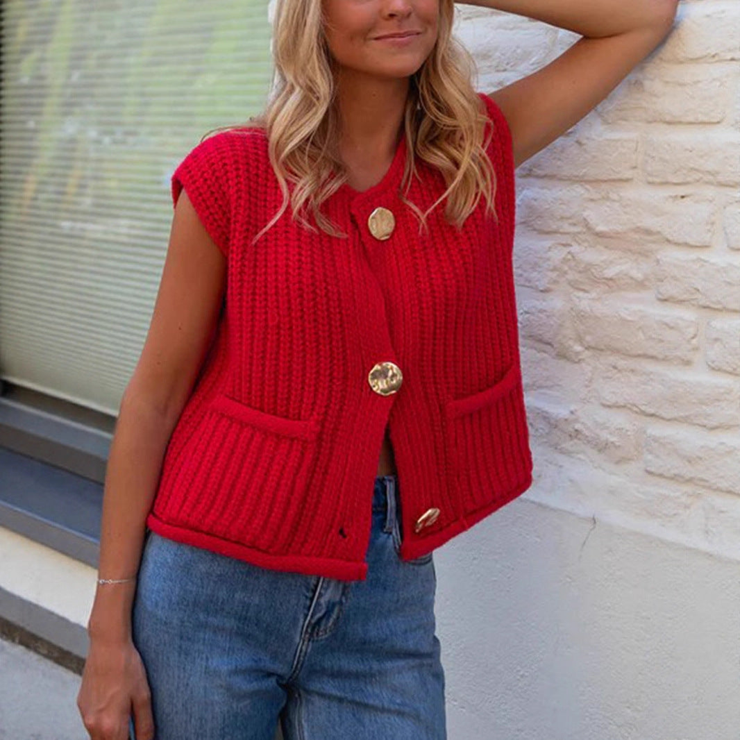 Knitted vest for women with decorative buttons and practical pockets Lune London