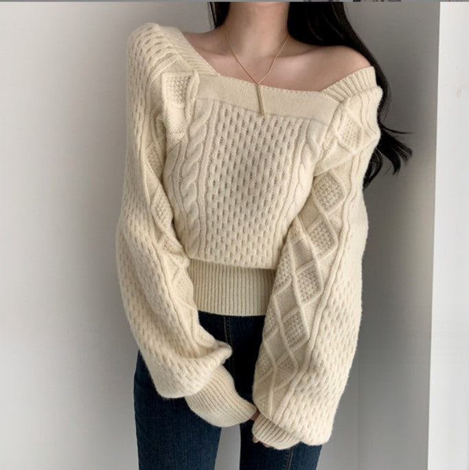 Pull femme en grosse maille avec des détails de tresse modernes et un col carré Lune London