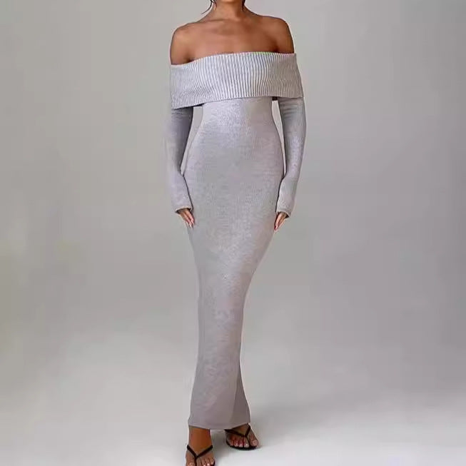 Fitted maxi dress for women, off-the-shoulder neckline, with long sleeves Lune London