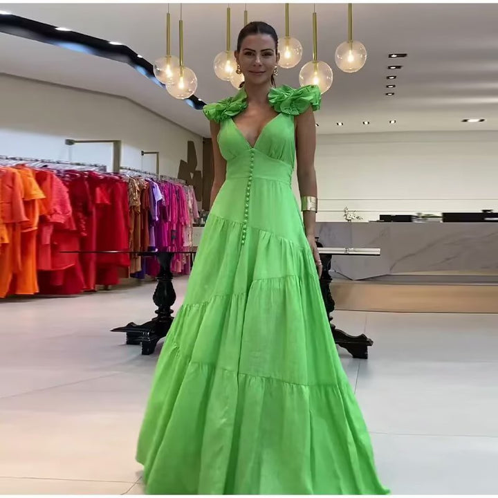 Maxi dress for women with a floating ruffle design and an elegant V neck Lune London