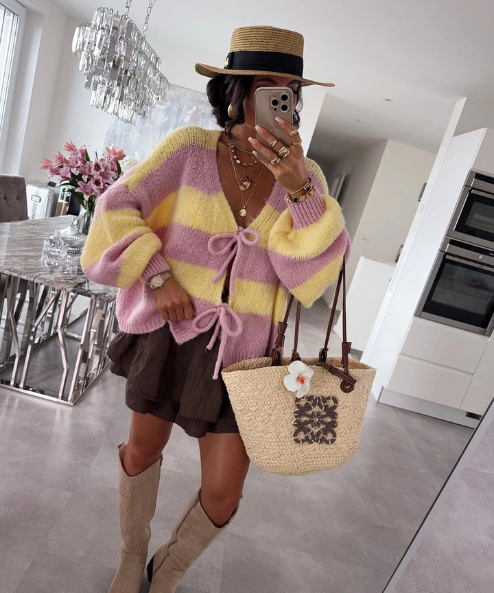 Lune London | Women's loose cardigan with wide stripes and tie belt