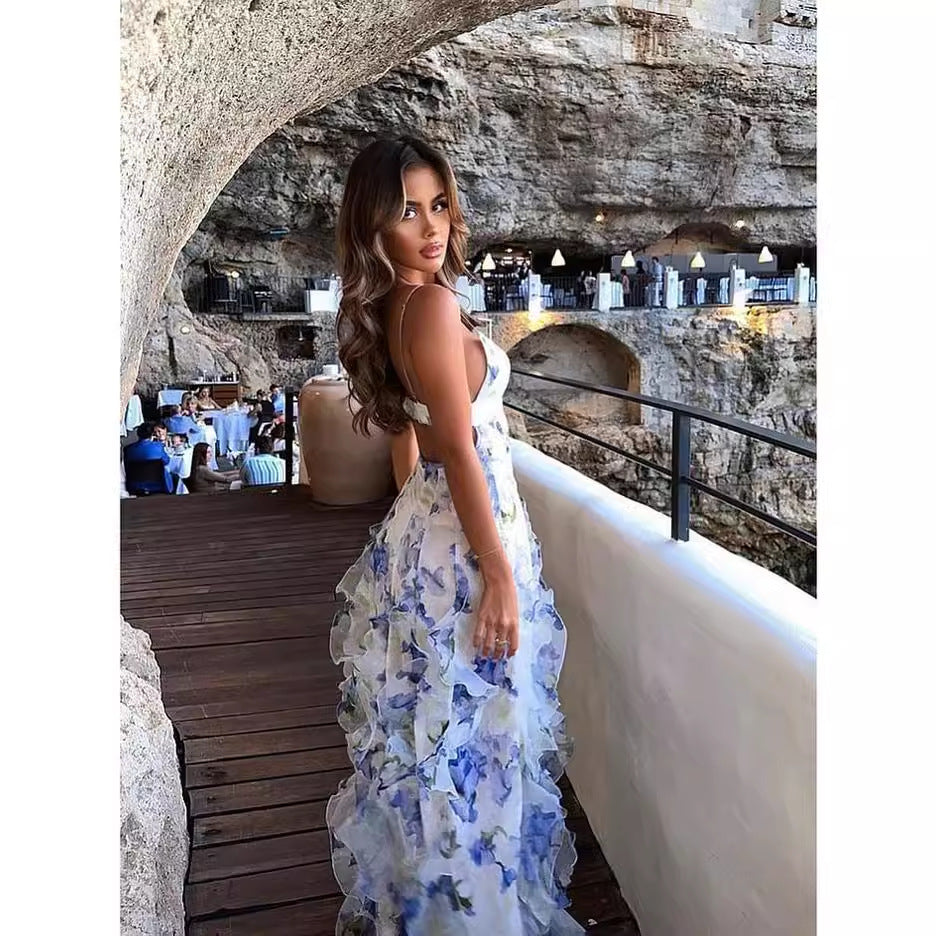 Women’s maxi dress with floral ruffles and flowing hem