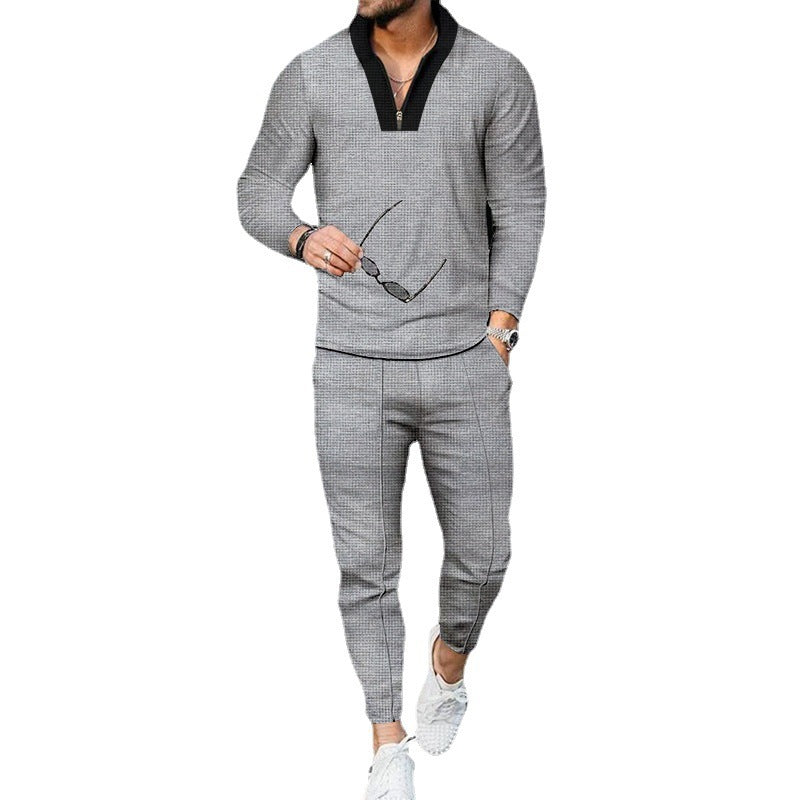 Men's sports outfit with modern high collar and fine check pattern