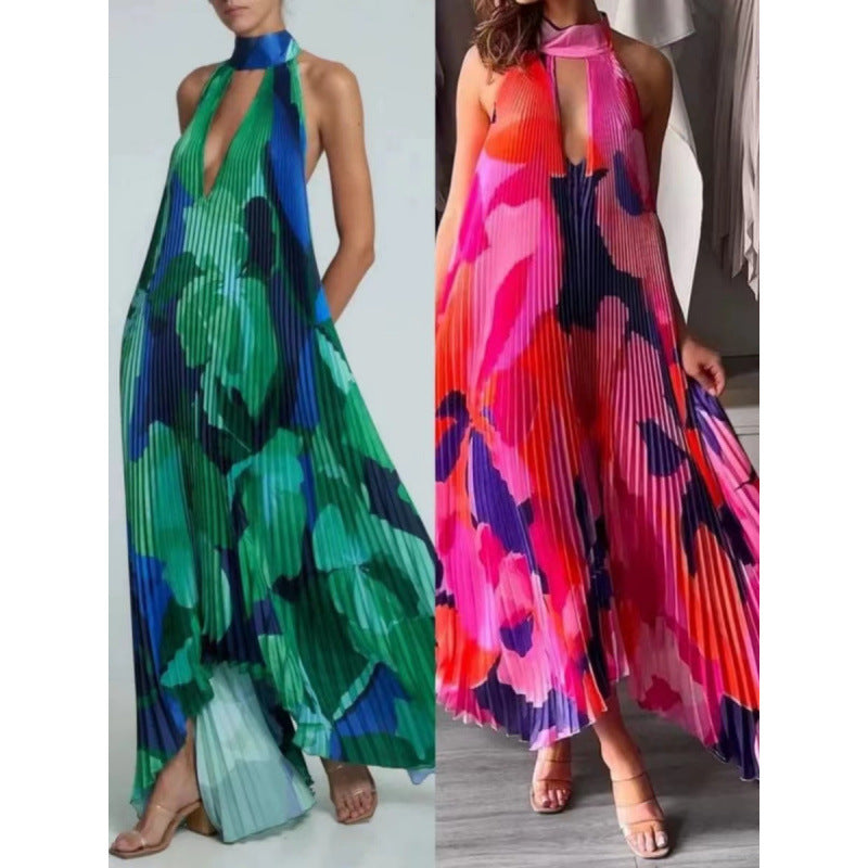 Pleated maxi dress for women with a chic halter neck design
