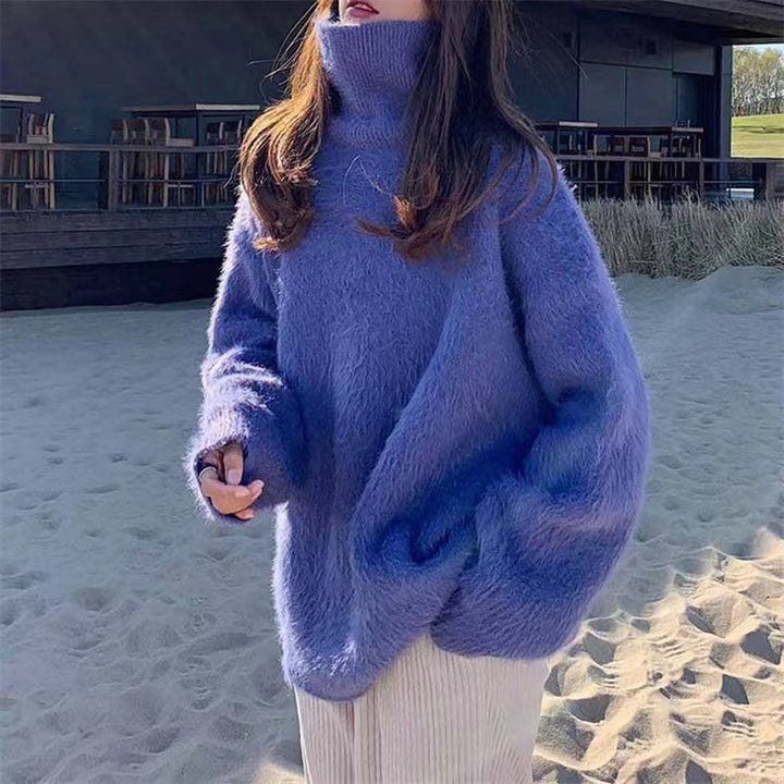 Ladies Soft Sweater with Oversized Cut and Chic High Collar