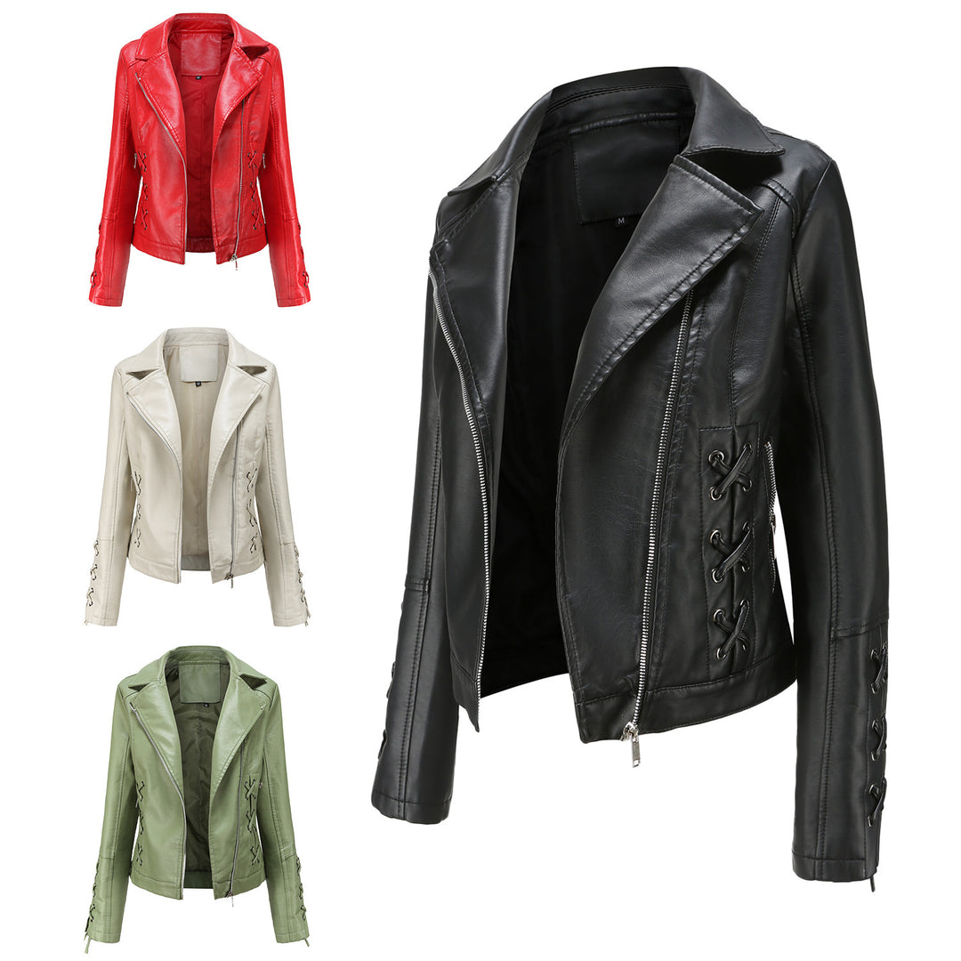 Ladies elegant biker jacket in faux leather with decorative lace details Lune London
