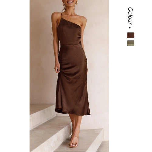 Ladies Satin Wrap Dress with Slim Strap Design and Playful Hem Lune London