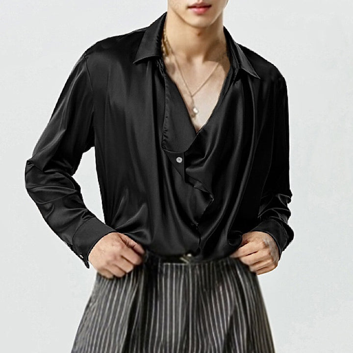Men's elegant long sleeve shirt with draped button placket and silky finish Lune London