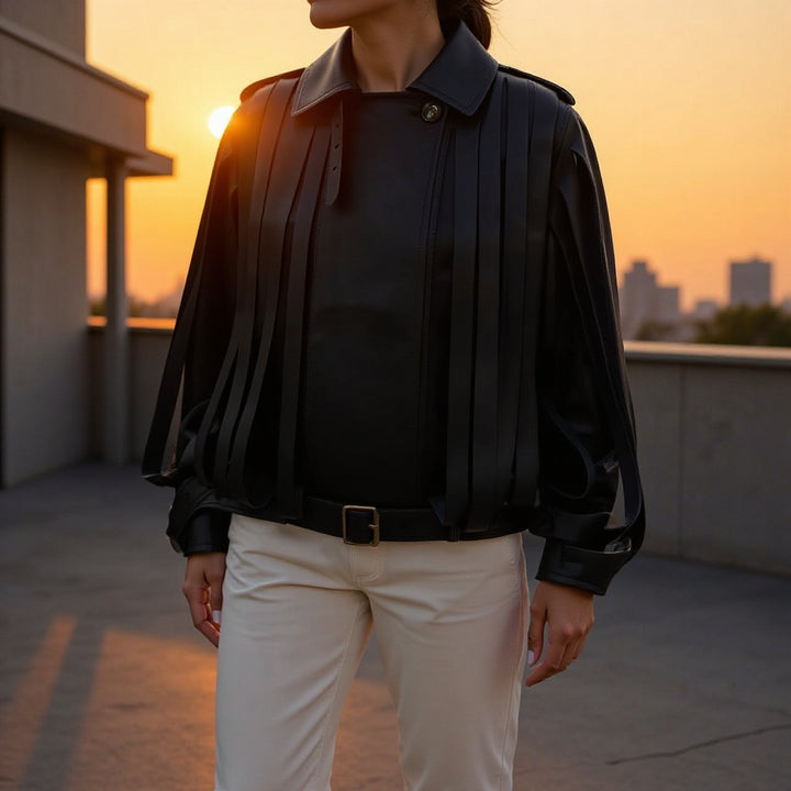 Veste de navigation brillante pour femmes avec des détails frangés et une ceinture pratique Chic & Stil