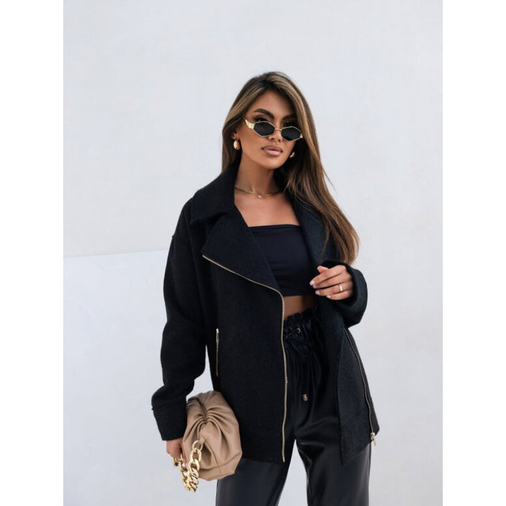 Elegant and fluffy biker jacket for ladies with gold zipper details Lune London