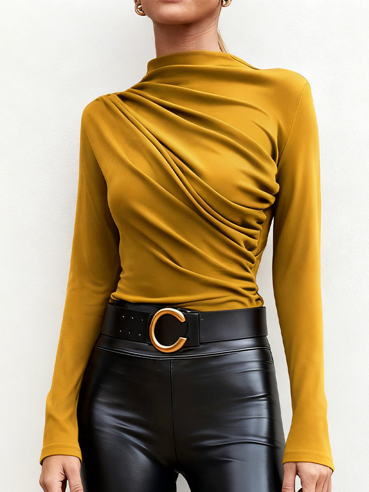 Ladies elegant long sleeve shirt with luxurious draping design and chic stand-up collar Lune London