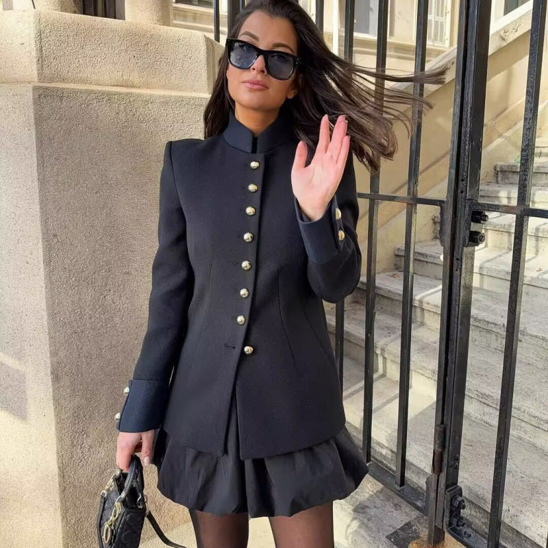 Elegant women's jacket with high collar and gold button details Lune London