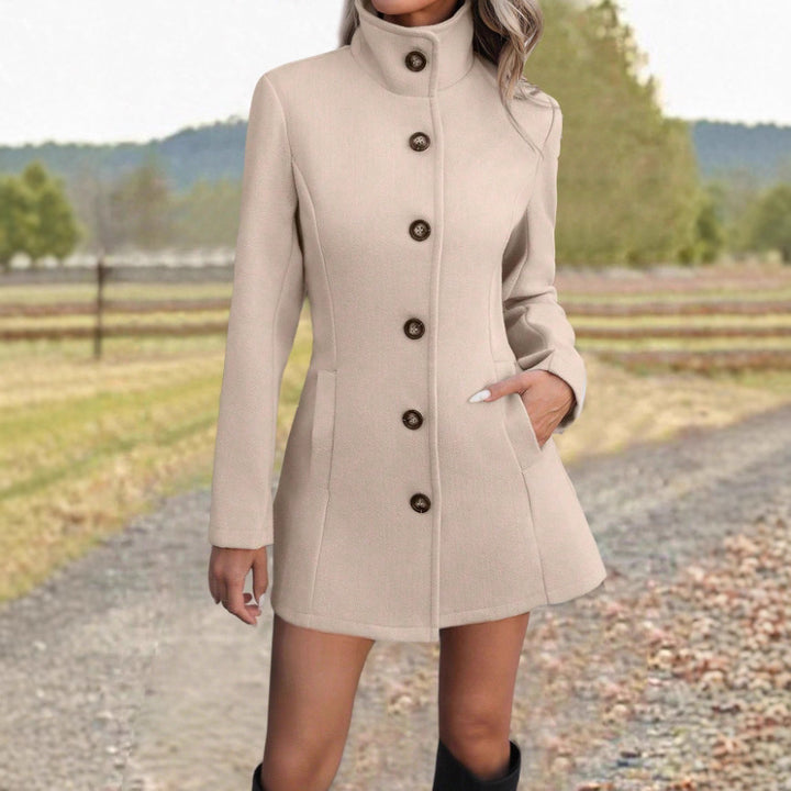 Women's wool coat with high collar and elegant button details Lune London