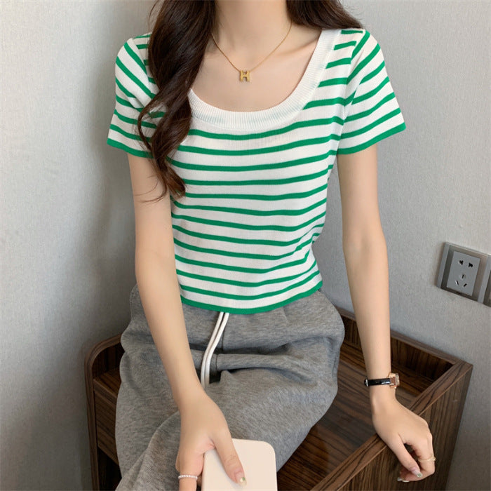 Women's cropped striped top with modern knot design and elastic hem Lune London