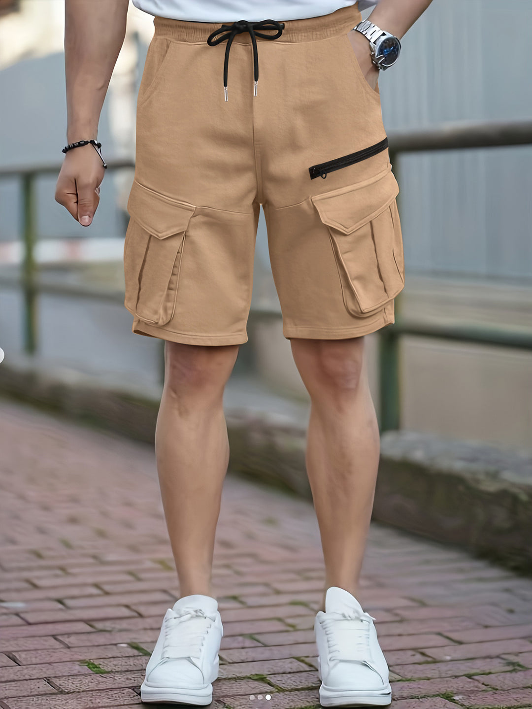 Men's cargo style utility shorts with multiple pocket design Lune London