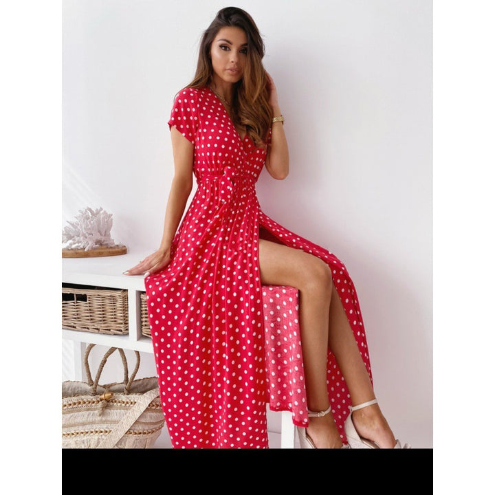 Maxi polka dot dress for women with side slit Lune London