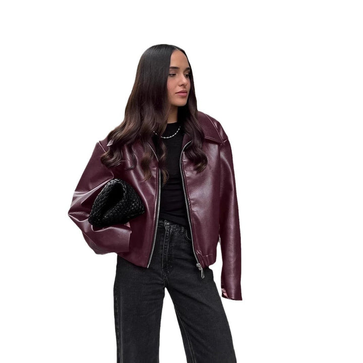 Women’s faux leather jacket with oversized design and high collar Lune London