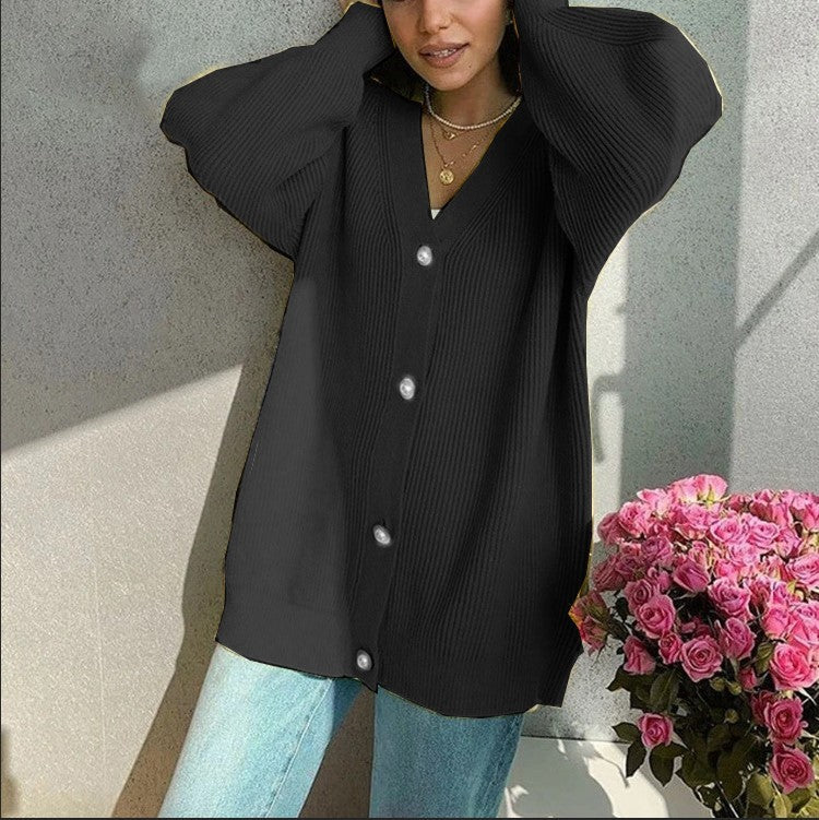 Chunky knit cardigan for women with elegant pearl buttons Lune London