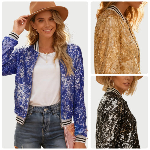 Women's Glittering Sequined Bomber Jacket with Contrasting Stripes Lune London
