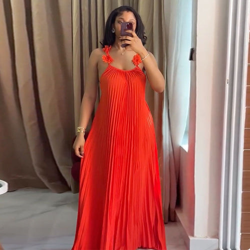 Women Elegant Maxi Dress with Casual Pleats and Decorative Shoulder Flowers Lune London
