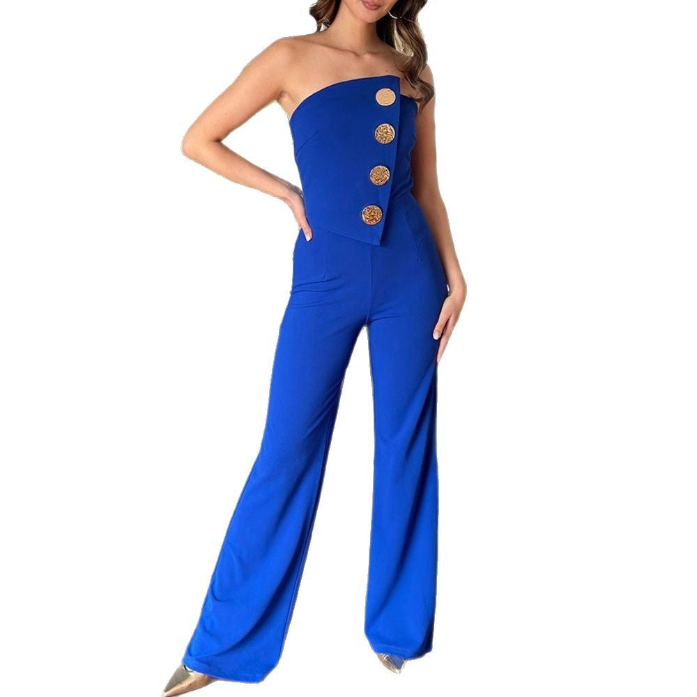 Ladies Elegant jumpsuit with off-shoulder design and decorative buttons Lune London