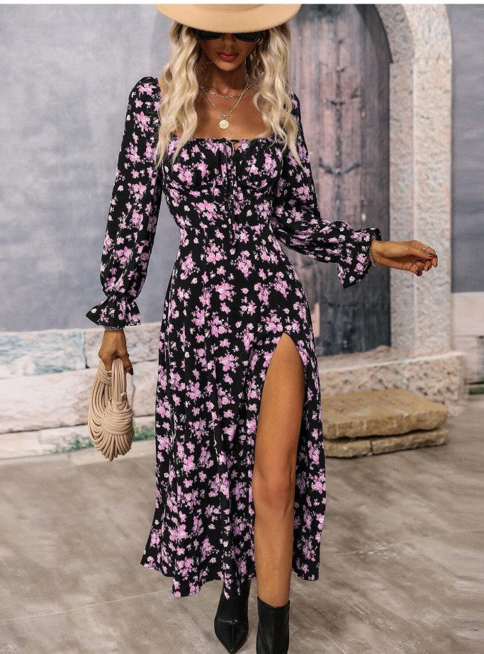 Maxi dress for women with deep slit and floral design Lune London