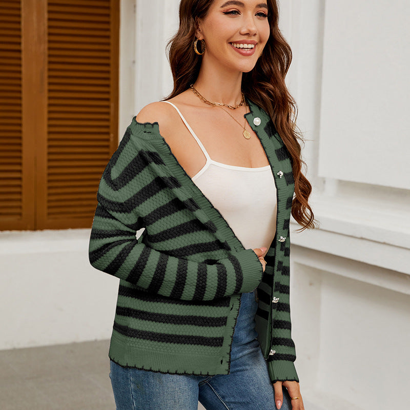 Ladies' trendy cardigan with unique stripes and a chic textured design