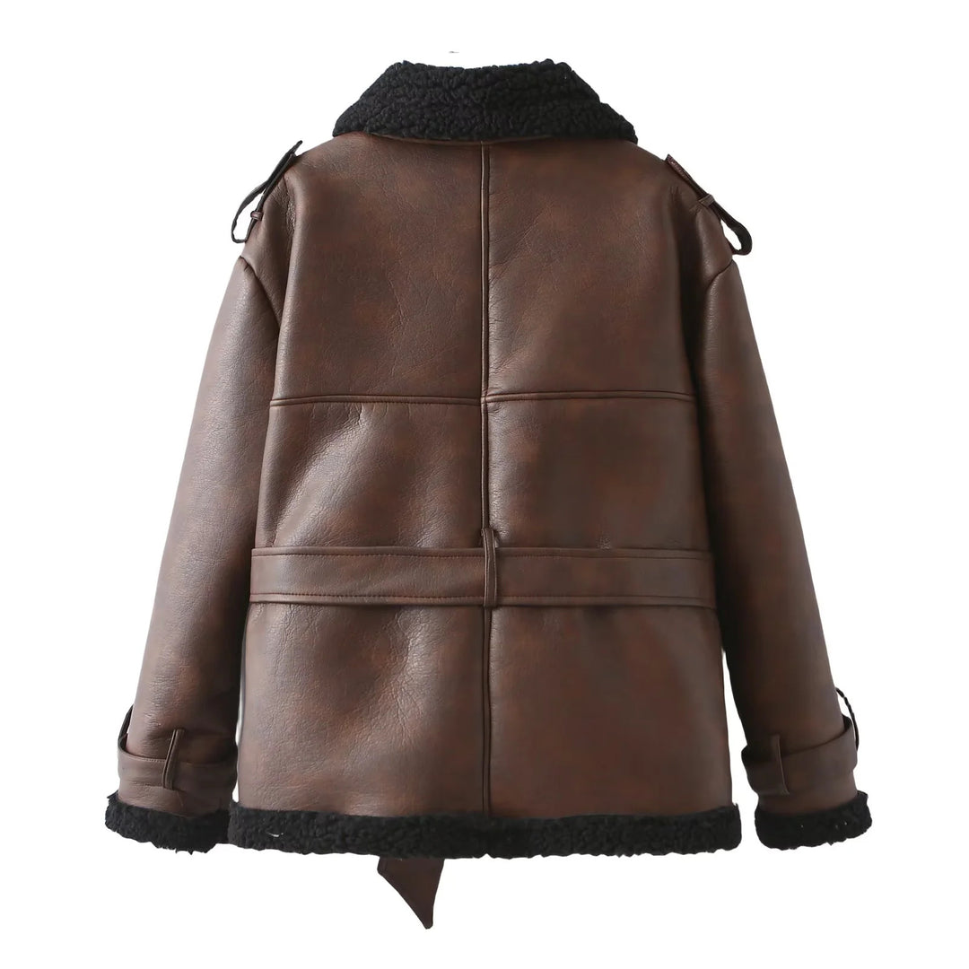 Faux leather jacket for women with soft faux fur lining and adjustable belt Lune London