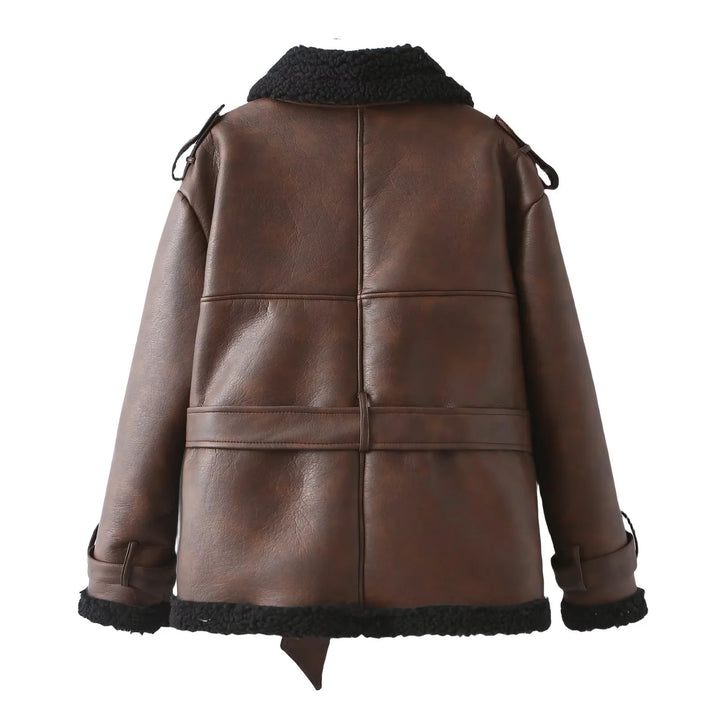 Faux leather jacket for women with soft faux fur lining and adjustable belt Lune London