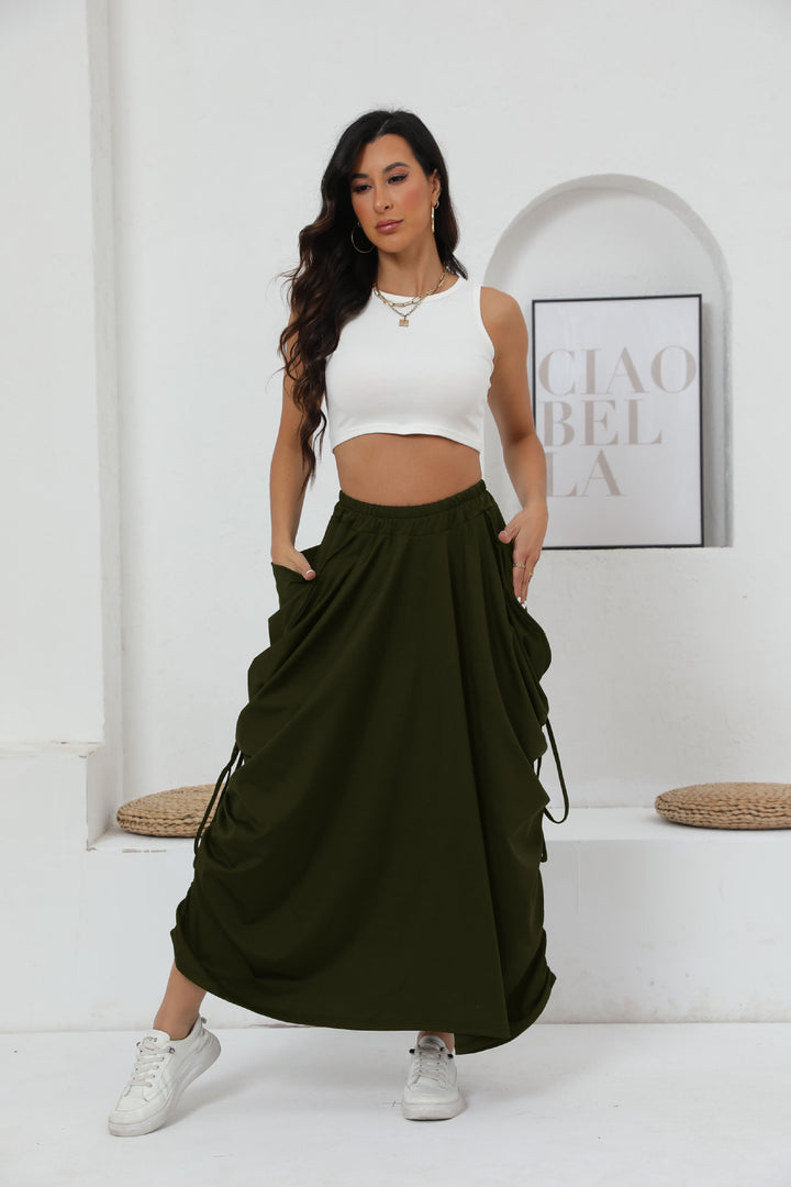 Maxi skirt for women with side gathers and practical pockets Lune London