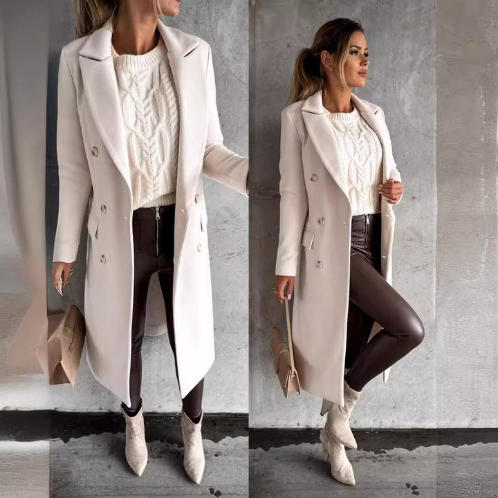 Elegant double-breasted coat for women in structured fabric with adjustable belt Lune London