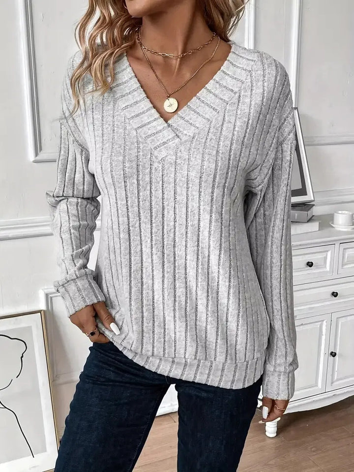 Ladies Elegant V-neck Sweater and Knit with Ribbed Design Lune London
