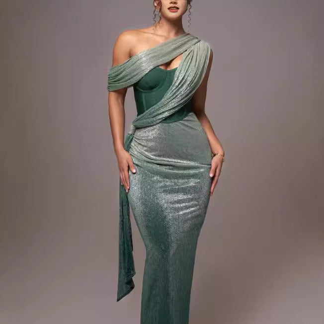 Women's Glamorous Maxi Evening Dress with Asymmetrical Neckline and Shimmering Draping Design