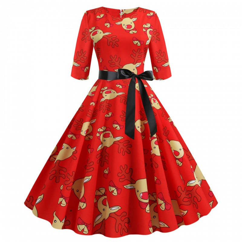 Robe évasée pour femmes avec un motif de renne joyeux et une silhouette ajustée Chic & Stil