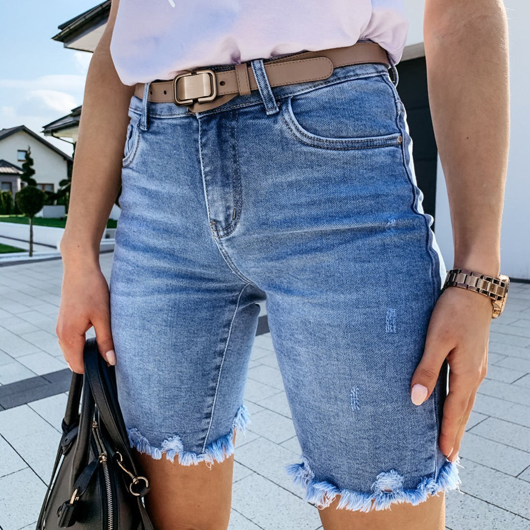 Destroyed denim shorts for women with frayed edges and side stripe Lune London