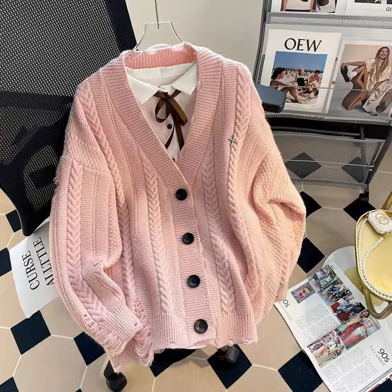 Ladies chunky knit cardigan with deep V-neckline and button details Lune London