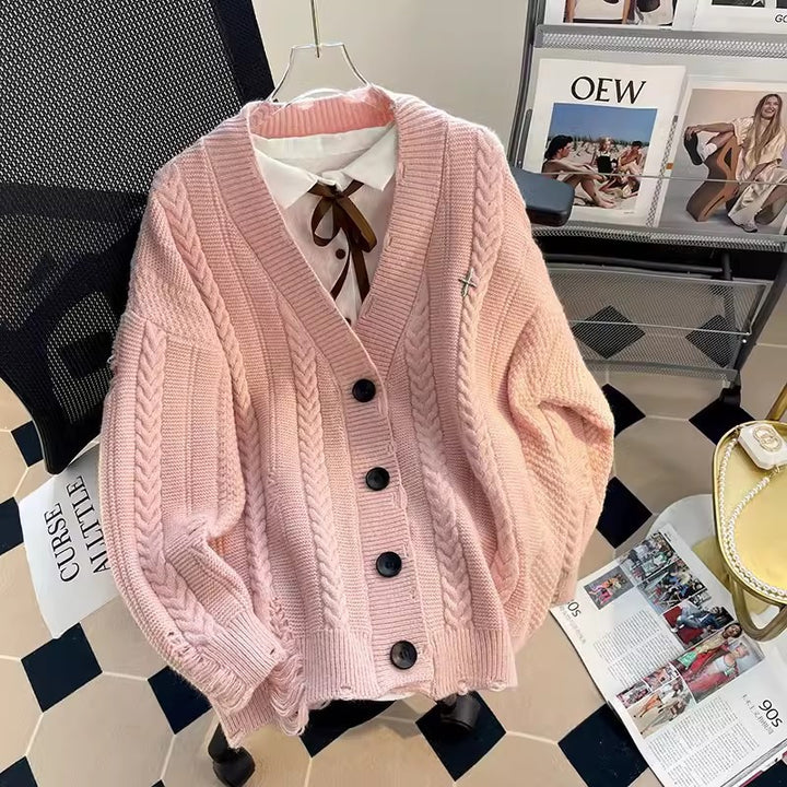 Ladies chunky knit cardigan with deep V-neckline and button details Lune London
