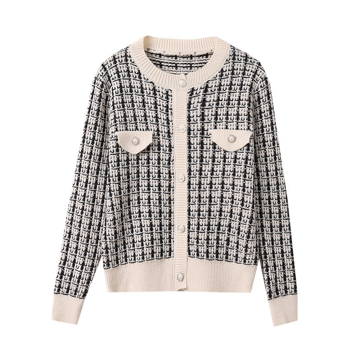 Knitted jacket for women with structured design and pearl buttons Lune London