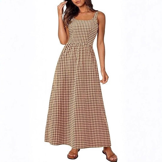 Robe maxi femme à motif à carreaux classique avec bretelles réglables et taille élastique Chic & Stil