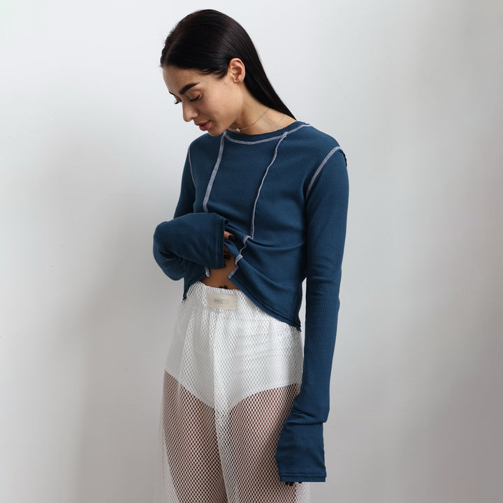 Casual long-sleeve top for women with a ribbed texture inspired by retro years and contrasting seams Lune London