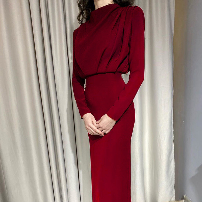 Women's Floor Contact Dress with Elegant Stand Collar and Gatherings Lune London