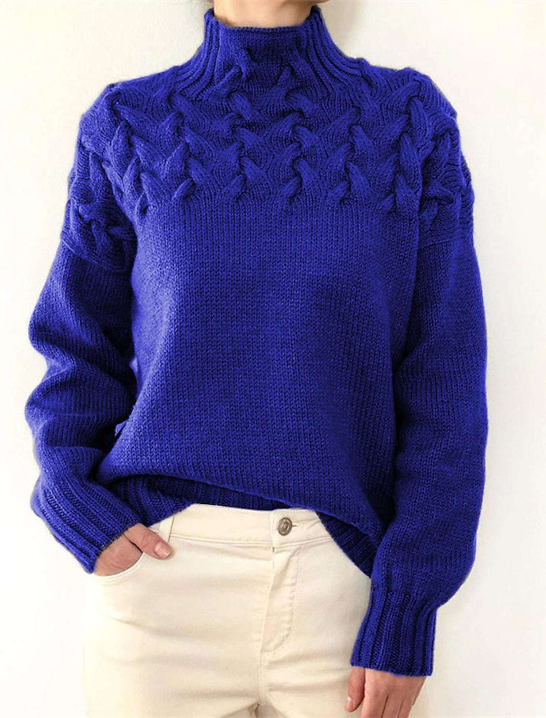 High neck sweater for women with decorative cable knit pattern Lune London
