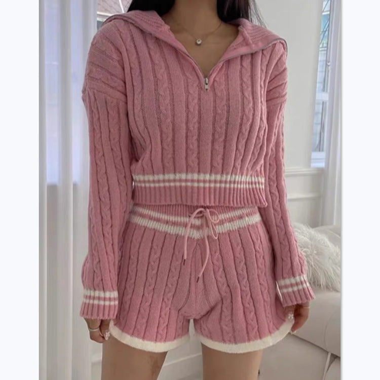 Knitted short sweater for women with a high collar and shorts in the Lune London set